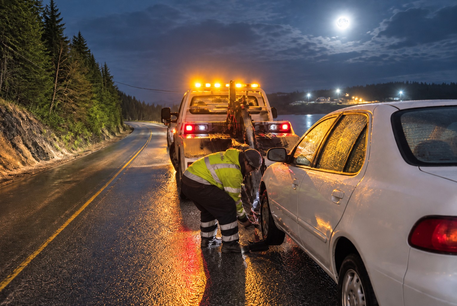 Tow truck operator hooking up a broken-down car at night on a rural Nova Scotia road