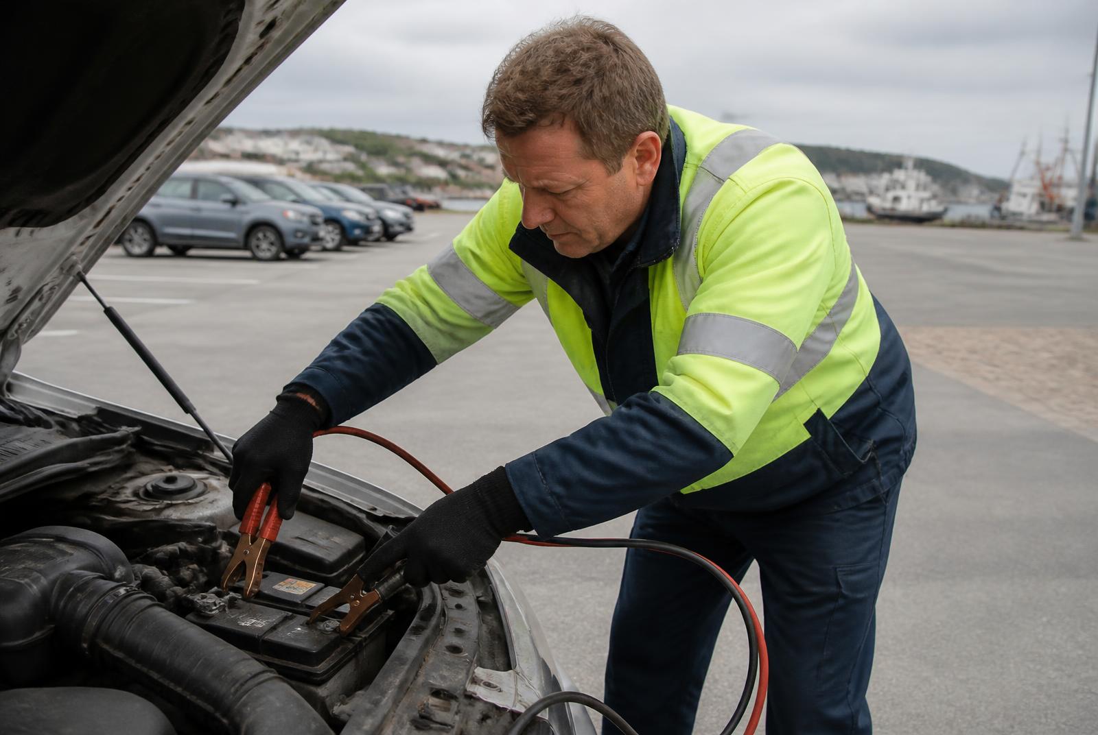 Roadside assistance worker connecting booster cables to a car battery near a Nova Scotia harbour